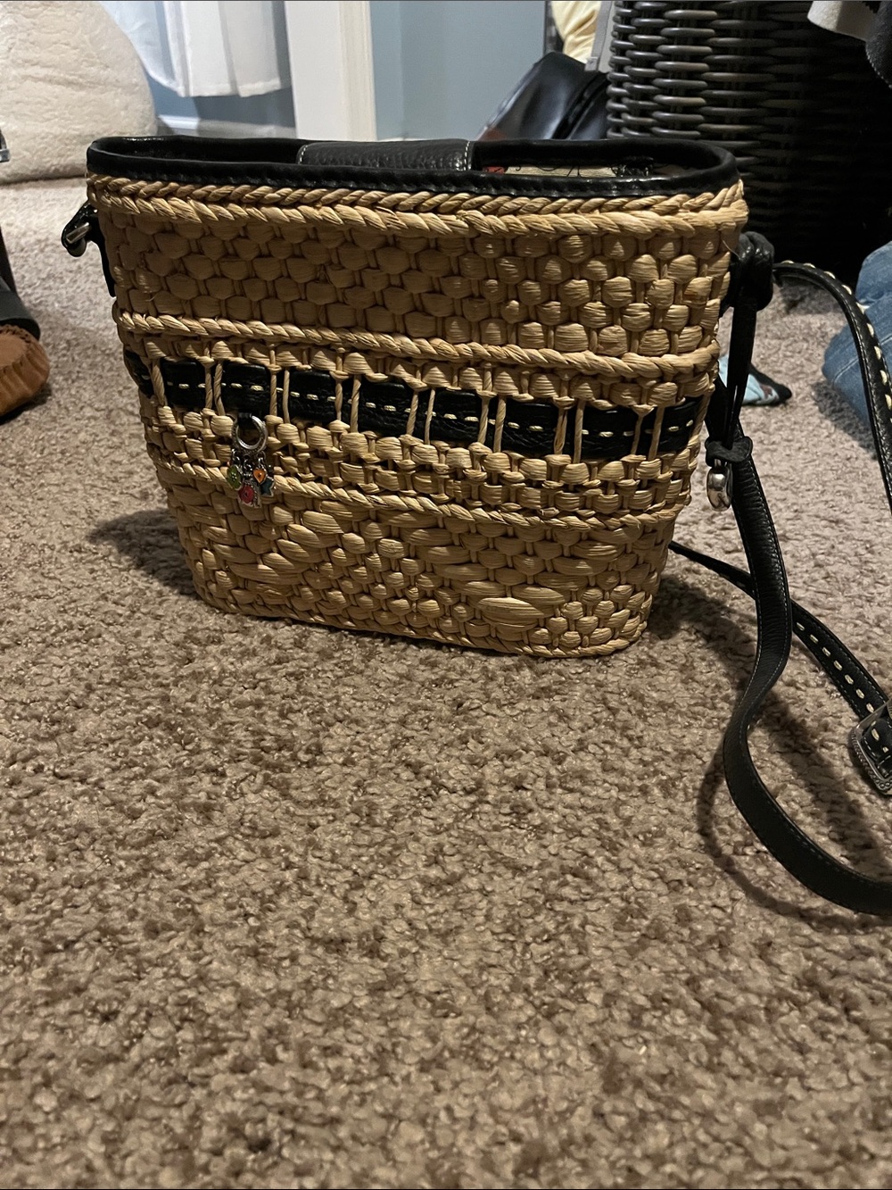 Brighton Straw Crossbody with Black Trim and Charm Accent